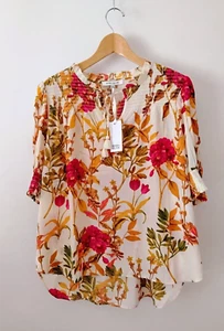 NUEVO CON ETIQUETAS ROSA + OLIVA Mujer L Boho Top Camisa Campesina Blusa Ajustada Corta Slv Floral - Imagen 1 de 8