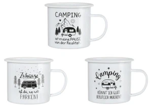 3 Stück Campingbecher Teebecher Emaille Tasse 450ml mit Motiv Camping Pause - Bild 1 von 1