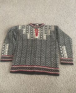 Norwegian Wool Embroidered Sweater Hand Knit Holiday Pullover - Large