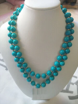 36 Inch Stunning AAA 10mm Real Natural Green Blue Turquoise Necklace 14k Gold P - Image 1 of 4
