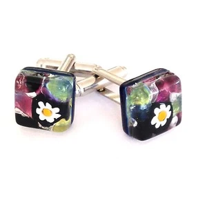 BLACK FLOWER AUTHENTIC VENETIAN MURANO GLASS CUFF LINKS 29MG - Picture 1 of 2