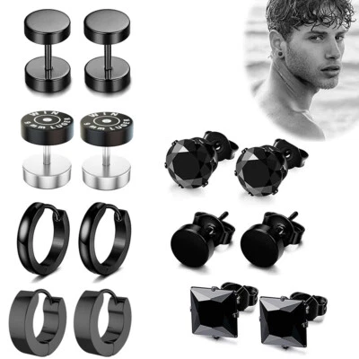 1 Pair Men Women Stainless Steel Cross Stud Hoop Earrings Set Piercing Jewelry - Image 1 of 4