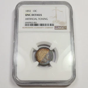 1892 P NGC UNC Details - TONED Silver Barber Dime US Coin #47390B - Picture 1 of 6