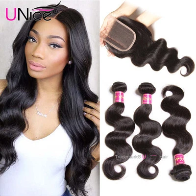 Extensiones de cabello humano onduladas UNICE Camboyano Body Wave 3 paquetes con cierre de encaje Foto 1 de 4