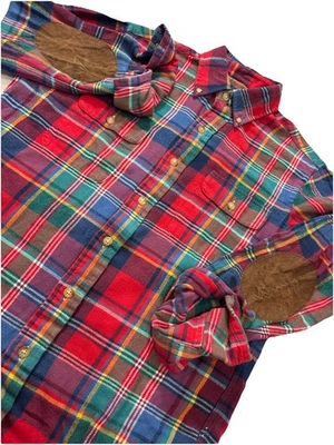 Polo Ralph Lauren Flannel Holiday Shirt Men M Red Tartan Plaid Suede Elbow Patch - Image 1 of 4
