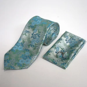 Juego de pañuelos y gemelos cuadrados de bolsillo con corbata de seda floral cian turquesa - Imagen 1 de 4