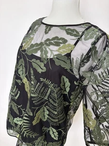 M&S PER UNA . Black Mesh with Green Embroidered Leaf 2 pce Button Back Top Sz 12 - Picture 1 of 8