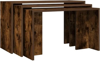 3 Pcs Nesting End Side Coffee Table Set Rectangular Smoked Oak Wood Stacking - Image 1 of 4