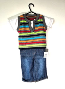 NEU George Baby Jungen 6-9 Monate gestreift Weste T-Shirt Denim Shorts 3-teiliges Outfit - Bild 1 von 6