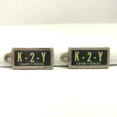 RARE MATCHING PAIR VTG Disabled Veterans Mini License Plate Key Chain OHIO 1949 - Image 1 of 4