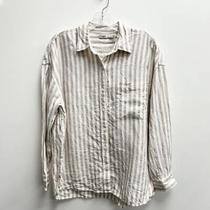 FAHERTY Laguna Leinen Relaxed Shirt Damen Größe Medium hellbraun Lucy Streifen Freizeit - Bild 1 von 7