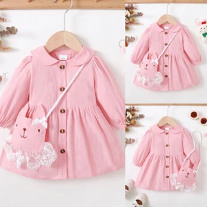 2Pcs Newborn Baby Girls Button Long Sleeve Dress Cute Bags Set Outfits Clothes - Picture 1 of 7
