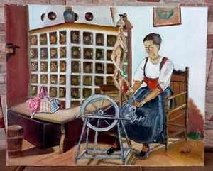 Vintage Style Oil Painting Portrait Woman Spinning Wheel Signed Canvas Art/Nice - Picture 1 of 13
