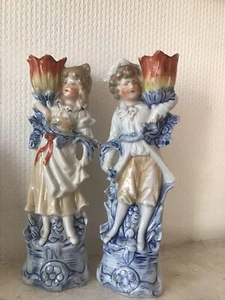 Pair of Antique German porcelain spill mantle tulip girl/boy vases Figurines - Picture 1 of 8