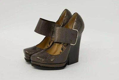 NUEVO SIN CAJA $1450 Lanvin Cuero de Serpiente Metálico Tacón Grueso Mary Janes Talla 37/7US Foto 1 de 4