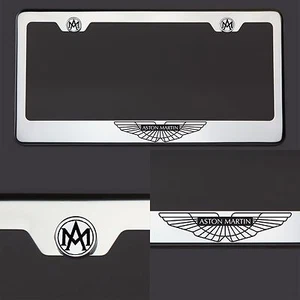 Chrome Aston Martin Logo Black Letter Laser Etched Engraved License Plate Frame - Picture 1 of 4
