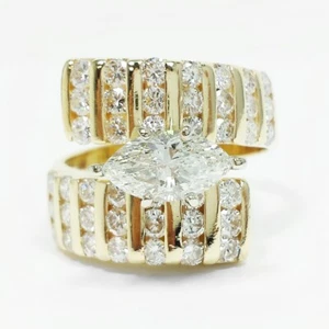 Flanked Marquise Diamond Round Channel Wide Bypass 14k Yellow Gold Size 7.5 - Picture 1 of 10