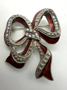 Festliche Weihnachtsschleife Band Brosche Pin - Emaille & Strasssteine - Bild 1 von 4