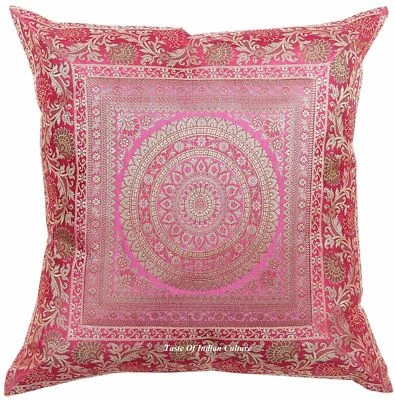 16" Pink Indian Mandala Cushion Pillow Cover Silk Brocade Handmade Sofa Throw - Imagem 1 de 3