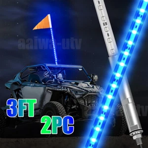 2PC 3FT Lighted Spiral Blue LED Whip Antenna & Flag For Jeep ATV Polaris RZR UTV - Picture 1 of 10