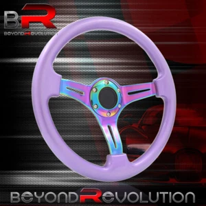 Purple 350mm Neo 3 Spokes Heavy Duty Steel Steering Wheel + Button - Picture 1 of 4