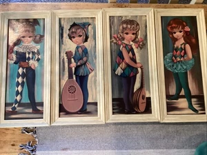 Set Of 4 Vintage EDEN BIG EYE GIRL MOPPET HARLEQUIN Series art ~4 Framed - Picture 1 of 6