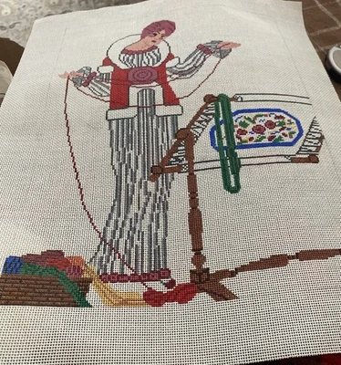 Art Deco Hand Paint Needlepoint Canvas Lady Sewing Flowers By Kris  13m 17x13” - Image 1 of 4