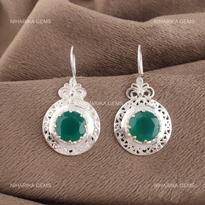 Orecchini Pendenti Artigianali In Argento Sterling Di Onice Verde Naturale Boho - Immagine 1 di 4