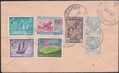 SINGAPUR MALAYA 1958 cubierta regla franqueo mixto a Nueva Zelanda con cenicientas......D6437 Foto 1 de 2