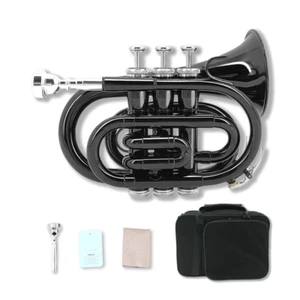 Bb Brass Pocket Trumpet Nice Black with Case Mouthpiece Cleaning Cloth Gift Kit - Picture 1 of 11