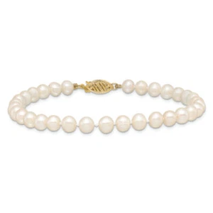 14K Solid Yellow Gold 5mm White Round Freshwater Cultured Pearl Chain Bracelet - Picture 1 of 15