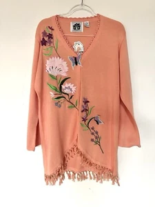 Storybook Knits NWT Beaded Tassel Coral Tunic Sweater Flowers Butterfly Size L - Picture 1 of 10