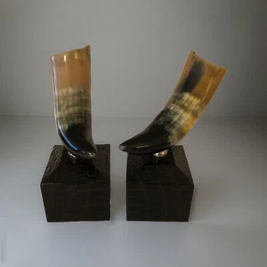 Pair Maitland Smith ? Polished Horns Croc Embossed Leather Pedestals Sculpture - Picture 1 of 18