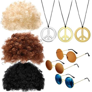 Hippie Costume Set Funky Afro Wig Sunglasses Necklace for 50/60/70s Theme Party - Picture 1 of 15