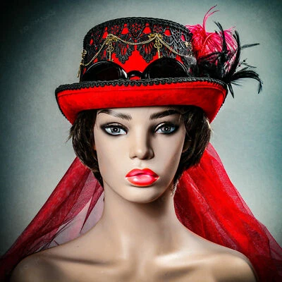 Red Gothic Goggle Women Elegant Party Hat Steampunk Gear w/ Long Lace Feather - Image 1 of 4