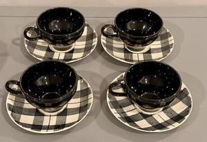 Homer Laughlin Highland Plaid Rare Black And White Set Of 4 Cups & Saucers - MCM - Picture 1 of 5