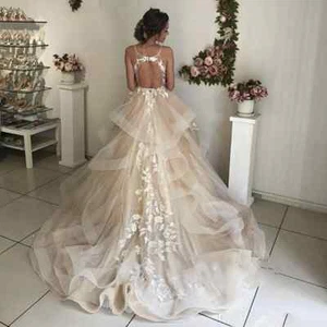 Champagne Floral Lace Beach Wedding Dresses Backless Ruffles Puffy Bridal Gown - Picture 1 of 8