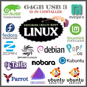 ULTIMATE 2025 LINUX OS EDITION, 15-IN-1 MULTI-BOOT-USB, LIVE/INSTALL, UEFI/BIOS - Picture 1 of 3