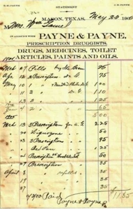 TM & JD PAYNE RX FARMACO MEDICINA MASON TEXAS 1905 GIOCO RICEVUTA VERNICE OLI TX - Foto 1 di 1