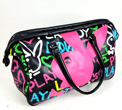 Vintage PLAYBOY Large Duffle Overnight Gym Bag Multicolor Logo Leather - Image 1 of 4