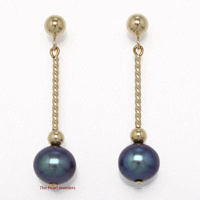 14K Yellow Gold Twist Tube Tin-Cup Black Pearl Dangle Earrings - Image 1 of 3