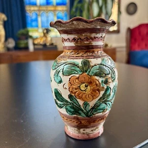 Piccolo vaso vintage Deruta dipinto a mano arte italiana ceramica floreale 6" marrone verde - Foto 1 di 7