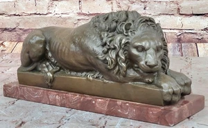 Statua scultura leone guardiano bronzo su base marmo rosso 7" x 12,5" - Foto 1 di 10