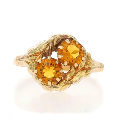 Anillo vintage de dos piedras de vidrio de oro amarillo - floral redondo de 10 k Foto 1 de 4