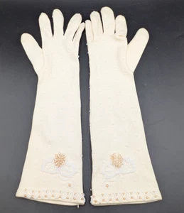 Vintage Style Rite Girls Ivory Evening Gloves Woven Cotton Beaded Unlined - Picture 1 of 6