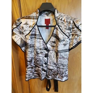 JS Collection Womens Blouse Size 16 Beige Brown Button Front Black Ribbon Belt - Picture 1 of 6
