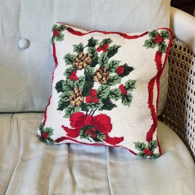 Christmas Linen Decor: Needlepoint Pillow Pine Cones, Holly & Ribbon 9"x9" - Image 1 of 4