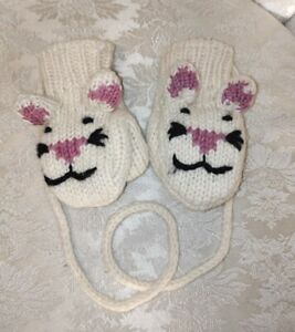 Kids Beige 100% Wool Knit Animal Mittens w/ Tether Llama Bunny Kitten Cute Clean