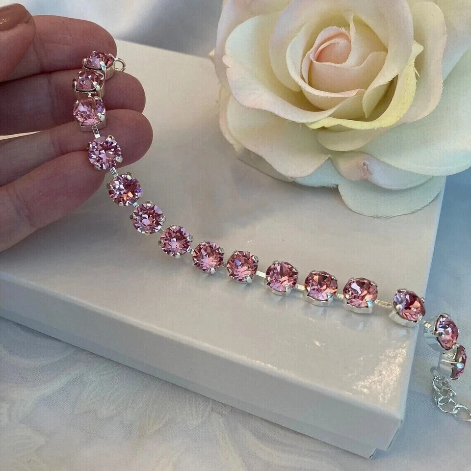 Brazalete Tenis 10.0 Ct Corte Redondo Simulado Rubí Rosa Chapado en Oro Blanco 14K Foto 1 de 4