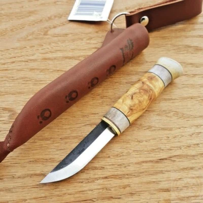 Wood Jewel Fixed Knife 2.25" Carbon Steel Blade Curly Birch Handle w/Sheath 23P - Image 1 of 4